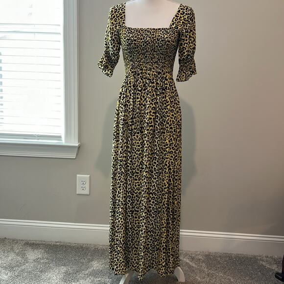EUC Notes du Nord‎ Olivia Leopard Print Smocked Maxi Dress Cottage Core US XS 4 - Picture 3 of 16